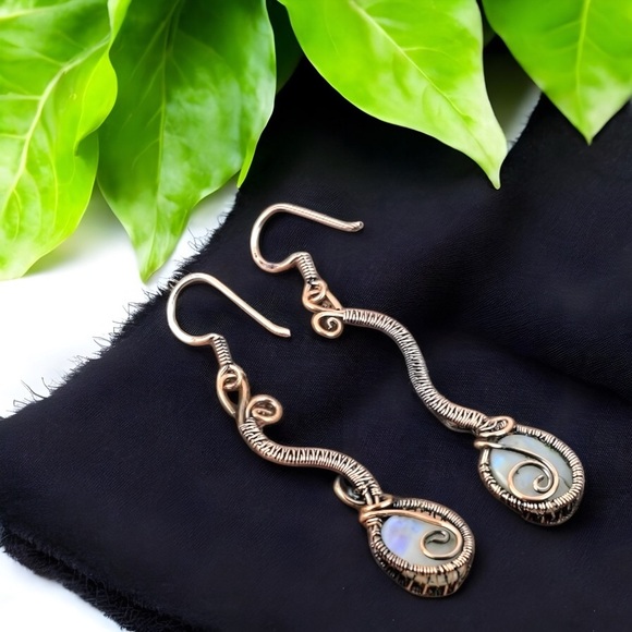 Copper Wrapped Hand Crafted Artisan Rainbow Moonstone Earrings - Picture 7 of 7